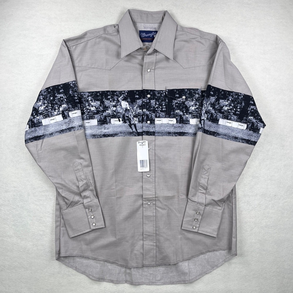 NWT! VTG Wrangler Mens Western Rodeo Graphic Snap Shirt Grey Large